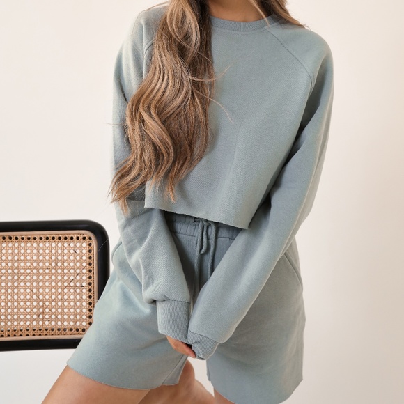 DUSTY SAGE GREEN CROP SWEATER SHORTS SET - Picture 1 of 4